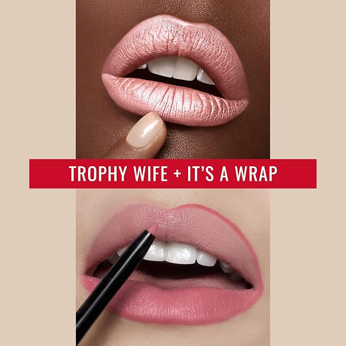 Runway Rogue ‘Trophy Wife’ Frosted Pastel-Pink Silk Glam Long Wear Liquid Lipstick Bundle with ‘It’s a Wrap’ Matte-Pink Designer Liner Lip Liner
