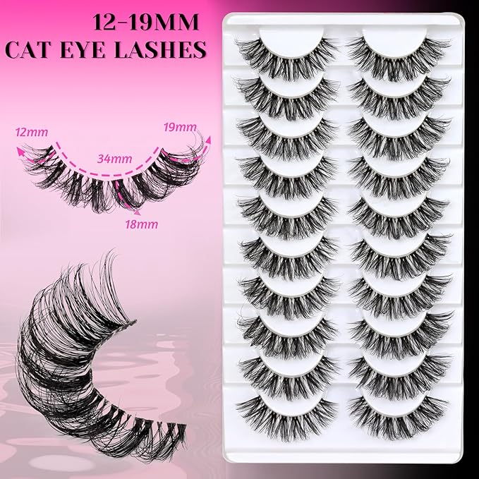 Veleasha Lashes Russian Strip Lashes Eyelashes with Clear Band Looks Like Eyelash Extensions D Curl Lash Strips 10 Pairs Pack (DT01)