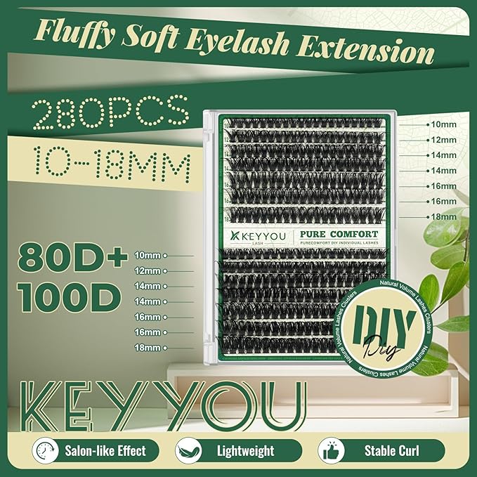 KEYYOULash Clusters 280Pcs Eyelash Clusters 80D&100D D Curl Clusters Lashes Thick Volume Super Soft Wispy DIY Eyelash Extension at Home(80D+100D-10-18MIX)