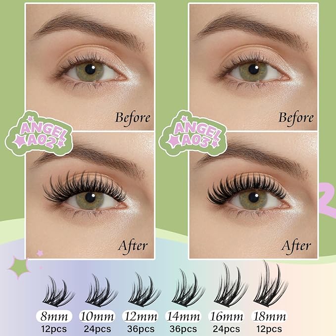 KEYYOU LASH Extension Kit 144Pcs Angel Lash Clusters Kit Thick Eyelash Extension Kit with Glue and Seal,Tweezers,Remover for DIY lash extension kit at Home（Kit-Angel A02-D-8-18MIX）
