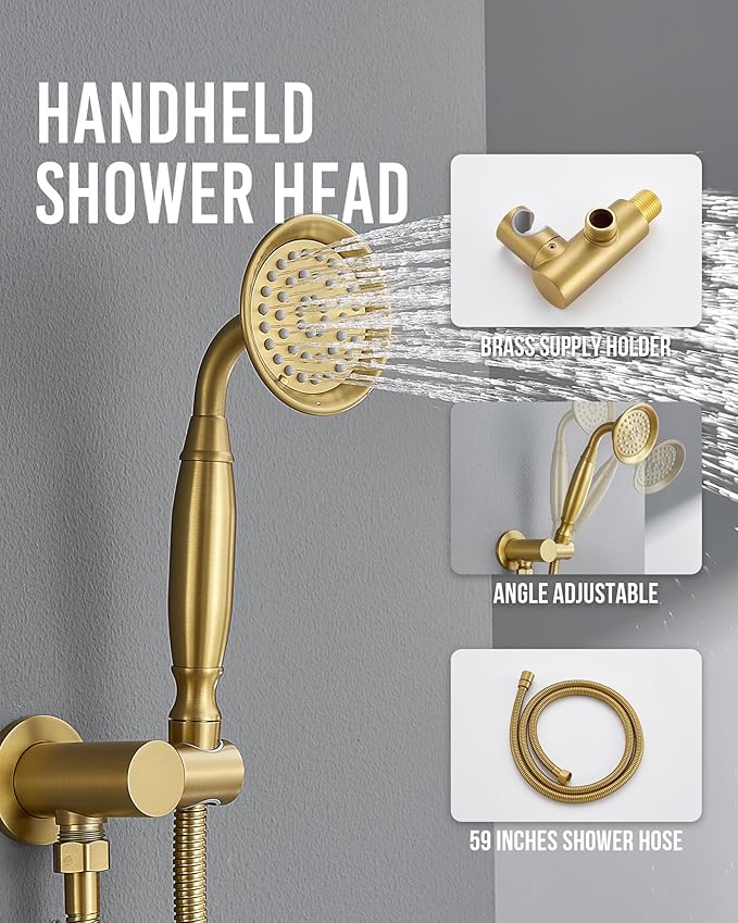 DASAN Antique Dual Shower Head Faucet Set, Brushed Gold Dual Rain Shower Head System Complete Double Head Shower Fixture Combo, 9'' & 6'' Dual Rainfall Overhead Shower with Handheld, Valve & Trim