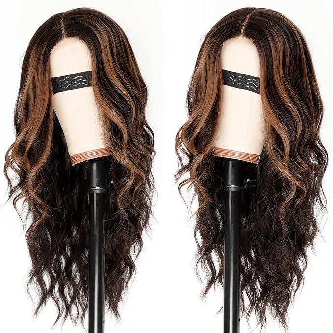 AISI HAIR Dark Brown with Highlights Wig for Women, Long Wavy Lace Hairline Middle Part Synthetic Heat Resistant Wig for Daily Party-26 Inch