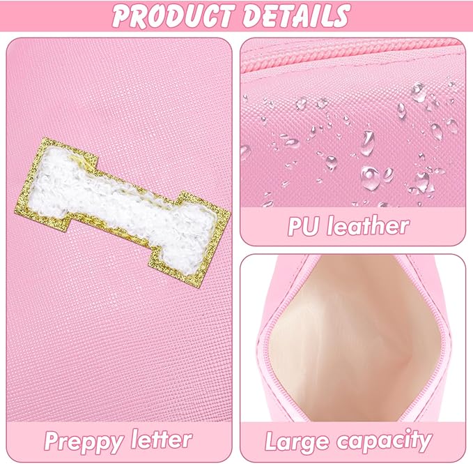 URSKYTOUS Initial Makeup Bag Personalized Preppy Travel Small Cosmetic Bag Cute PU Pink Chenille Letter Makeup Pouch for Purse Waterproof Zippered Toiletry Organizer for Women Girls Kids Friends (I)