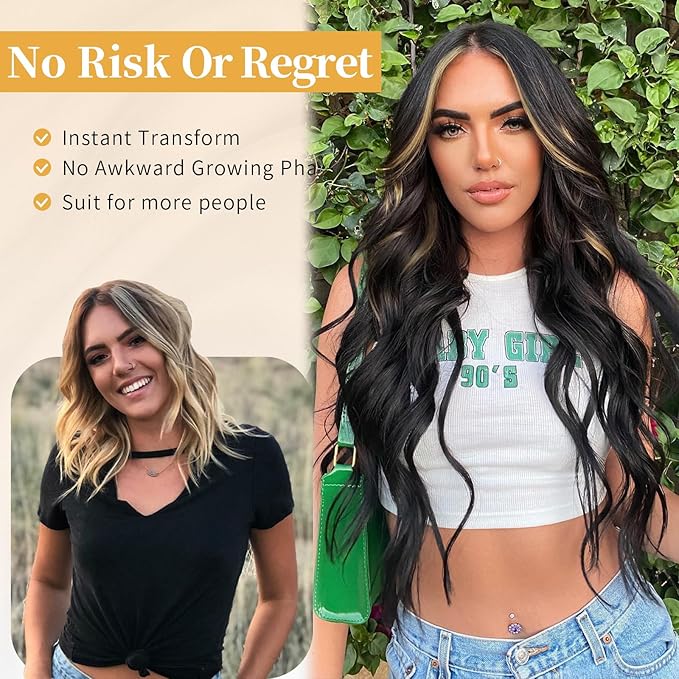 AISI HAIR Long Wavy Dark Brown with Blonde Highlight Lace Hairline Wigs for Women，Middle Part Synthetic Heat Resistant Wig for Daily Party-26 Inch