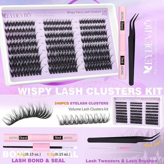 EYDEVRO Fairy Lash Clusters Kit Wispy Eyelash Clusters with Spikes 10-16mm Lash Extension Kit D Curvature Volume Cluster Eyelash Extensions Kit Individual Lashes Lash Bond and Seal Tweezers Brushes