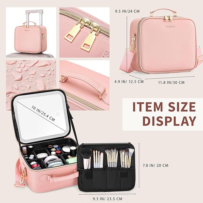 ZhenGuiRu Travel Makeup Bag Cosmetic Organizer Bag with Lighted Mirror, Waterproof Makeup Bag with Light Up Mirror, Travel Makeup Case for Cosmetic Brush Holder Storage, Large Toiletry Bag Women Gift