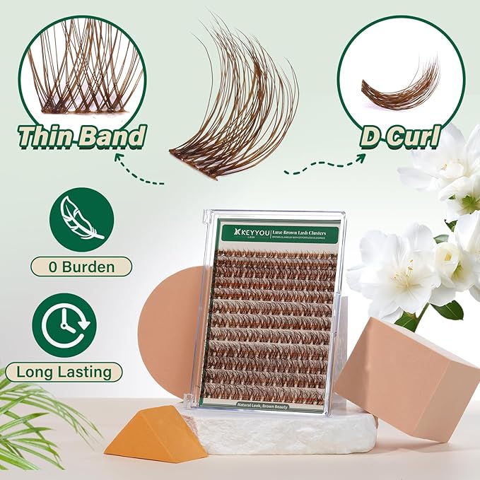 KEYYOU Brown Lash Clusters 144pcs Eyelash Clusters 8-18MIX D Curl Cluster Lashes Soft Wispy Lashes Clusters Natural Look Brown DIY Lash Extension At Home(Brown04-D-8-18MIX)
