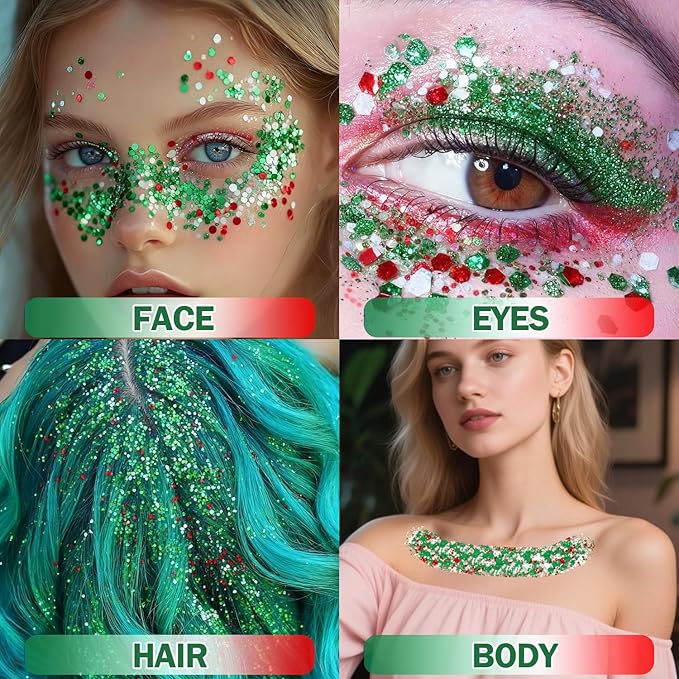 Christmas Body Glitter Stick, Red Green and White Face Glitter Accessories, Waterproof Face Hair Glitter Makeup, Christmas Glitter Makeup for Kids and Women