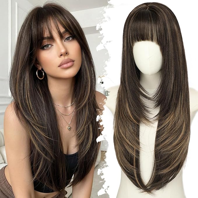 Long Natural Black with Caramel Highlights Wig with Bangs for Women 4x4 Realistic Scalp,Free Parting,Layered Hairstyle Synthetic Heat Resistant for Daily Party Use 26 inch