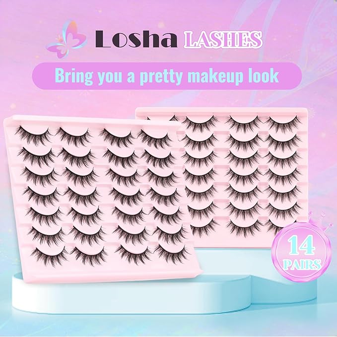 Losha Lashes Fluffy Manga Lashes 6D Spiky False Eyelashes 14 Pairs Natural Anime Eye Lashes Pack Soft Asian Fake Eyelashes (Pop)