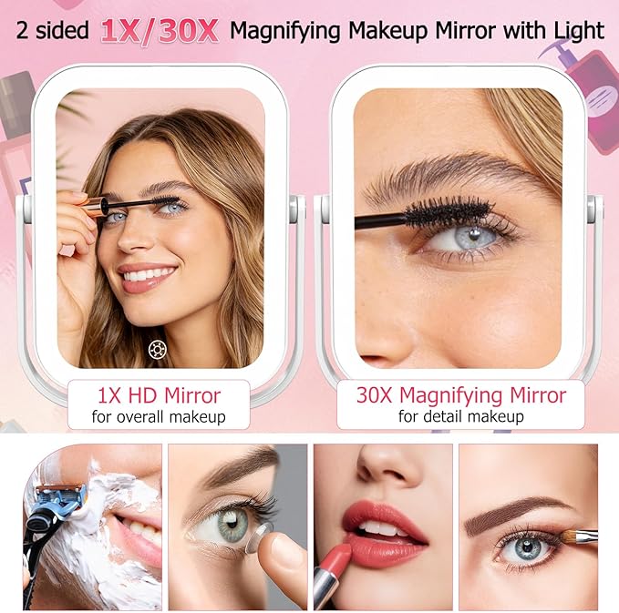FUNTOUCH 30X/1X Travel Makeup Mirror with Lights, 3000mAh Rechargeable 2-Sided Magnifying Mirror, Portable Vanity Mirror, 3-Color Lighting Dimmable Touch Screen, for Women Gift, White