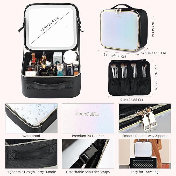 ZhenGuiRu Travel Makeup Bag with LED Mirror – Waterproof Cosmetic Train Case with Adjustable Dividers, Portable Makeup Organizer and Toiletry Bag for Women, Pink Teens & Girls Gift