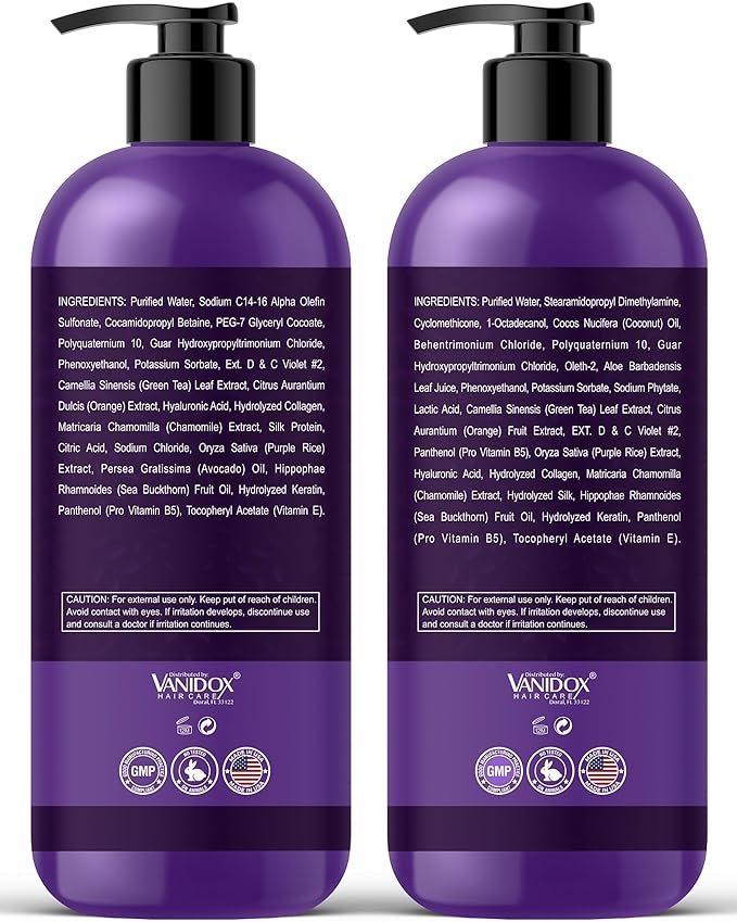 VANIDOX Sulfate Free Brass Toning Purple Shampoo and Conditioner Set for Blondes, Brown Highlighted, or Bleached Hair, Shampoo for Blondes Infused with Purple Rice Extract (16 fl oz each)