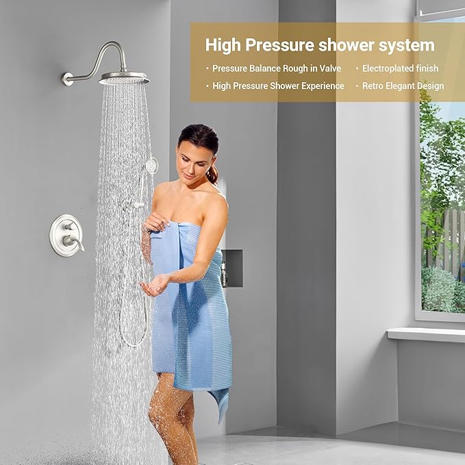 DASAN Brushed Nickel Rain Shower System Complete Antique Shower Faucet Sets, Shower Fixtures Combo Set with Pressure Balance Valve, Trim Kit, 9’’ Rainfall Overhead Shower & Handheld, AT209W-BN