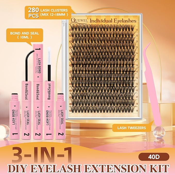 QUEWEL Lash Clusters Kit, 280 Pcs Lash Clusters 40D 12-18mm Thin Band Lashes Clusters Natural Look Eyelash Extension Kit With Lashes Bond Seal Eyelashes Tweezers (LSTZ-40D)
