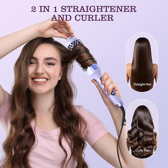 Thermal Brush, 1.5 inch Heated Round Brush Hair Curling Brush for Natural Curl, Straightener and Curler 2 in 1, Negative Ion Technology, 9 Temperature Settings, Dual Voltage for Travel, Purple