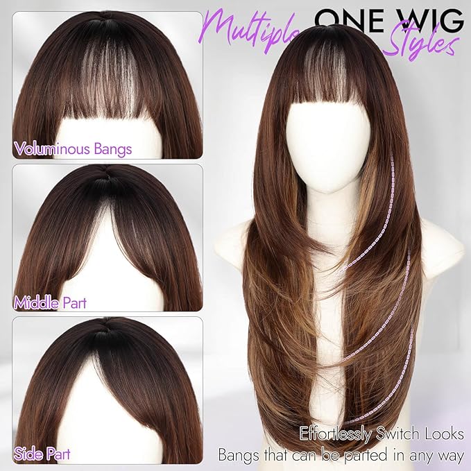 Long Brown Highlight Wig with Bangs for Women,4x4 Realistic Scalp,Free Parting,Layered Hairstyle Synthetic Heat Resistant for Daily Party Use 26 inch