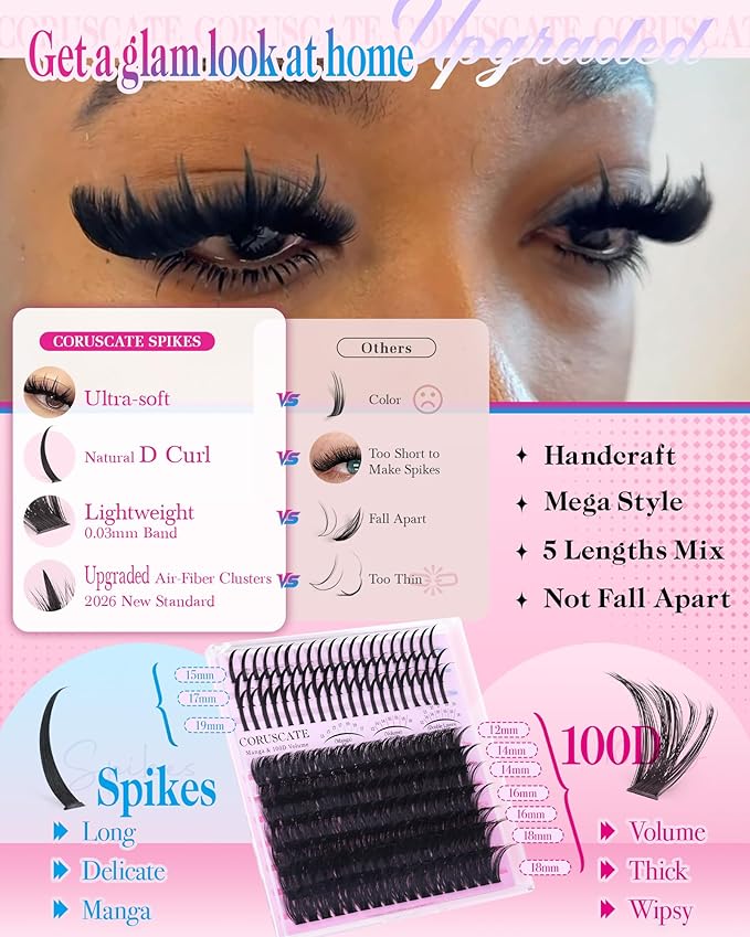 CORUSCATE 100D Lash Clusters with Spikes Eyelash Clusters 12-19mm DIY Cluster Eyelash Extensions Mega Thick Lash Extension Mink Strip Lashes Spike Individual Lashes Dramatic Full Look Travel Pal Pack