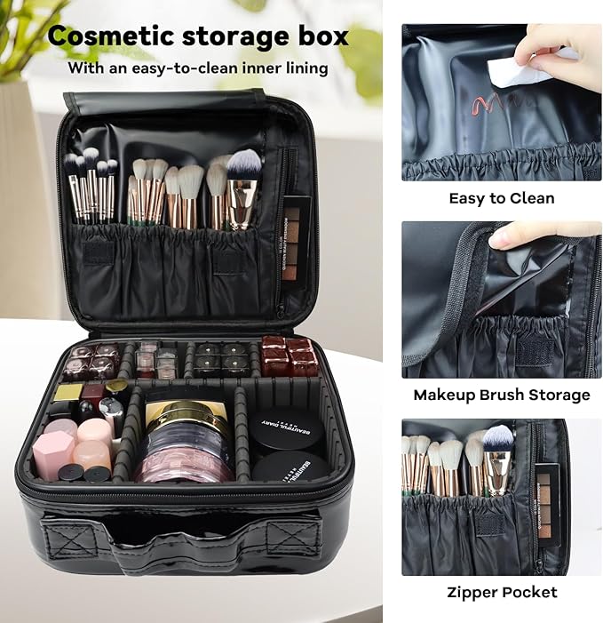 SLUMAZI Travel Makeup Bag Makeup Cosmetic Train Case Organizer Portable Storage Bag with Adjustable Dividers for Cosmetics Makeup Brushes Toiletry Jewelry Black Laser Grid Pattern