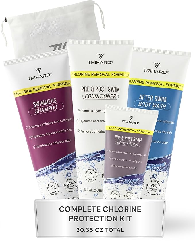 TRIHARD Chlorine Defense Gift Set for Hair & Skin Swim Protection | Pre & Post Swim Shampoo, Conditioner, Body Wash, & Lotion | Summer Essentials to Cleanse & Hydrate Sensitive Skin After Pool & Ocean