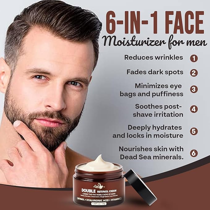 Men’s Double Retinol Face Cream – Reduces Wrinkles, Anti-Aging Moisturizer | Collagen + Hyaluronic Acid + Vitamin E | Fine Lines & Improves Firmness | Eye Bags & Dark Spot Remover | 30g