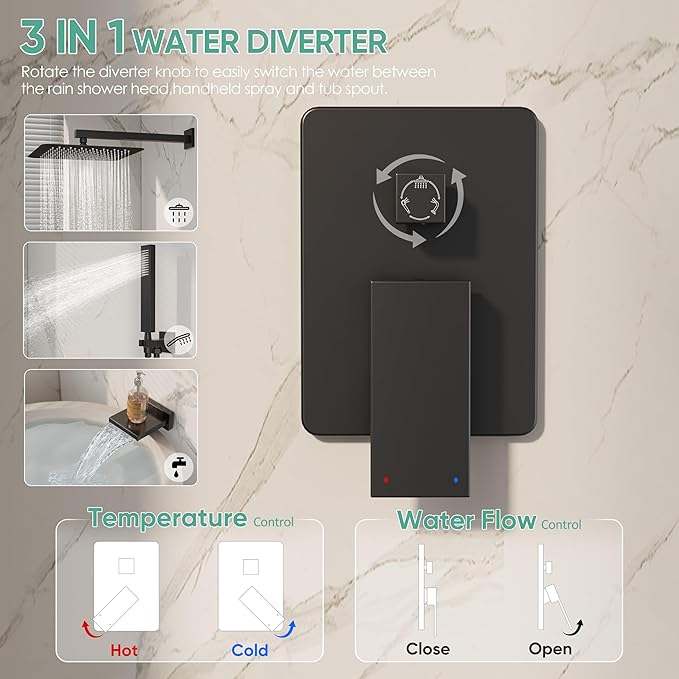 HoliSpa Black Shower System with Tub Spout, All Metal Tub Shower Faucet Set with 10" Rain Shower Head and Handheld Spray combo, Wall Mounted Tub Shower Systems with Valve and Trim Kit, Matte Black