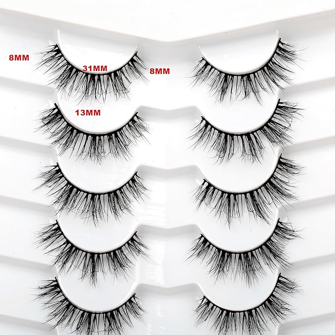 Pooplunch False Eyelash Nude Makeup Round-Eye Wispy Clusters Look Short Natural Spiky Anime Extension Lashes Full Strips Faux Mink Fake Eyelashes 7 Pairs Pack