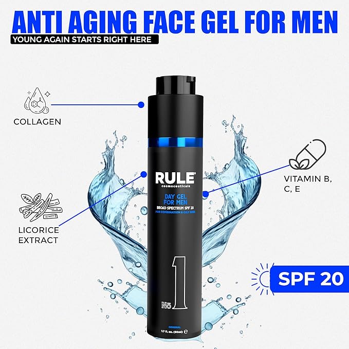 RULE COSMECEUTICALS No.1 Day Gel for Men, 10-in-1 Anti-Aging Face Moisturizer to Reduce Wrinkles, SPF 20, Collagen, Vitamins B, C & E - Combination & Oily Skin - Original, 50 mL