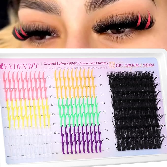 EYDEVRO Colored Lash Clusters with Spikes 100D Volume Eyelash Clusters 10-18mm Mixed Lengths Colorful Cluster Eyelash Extensions Spiky Pink Orange Yellow Green White Purple Cluster Lashes