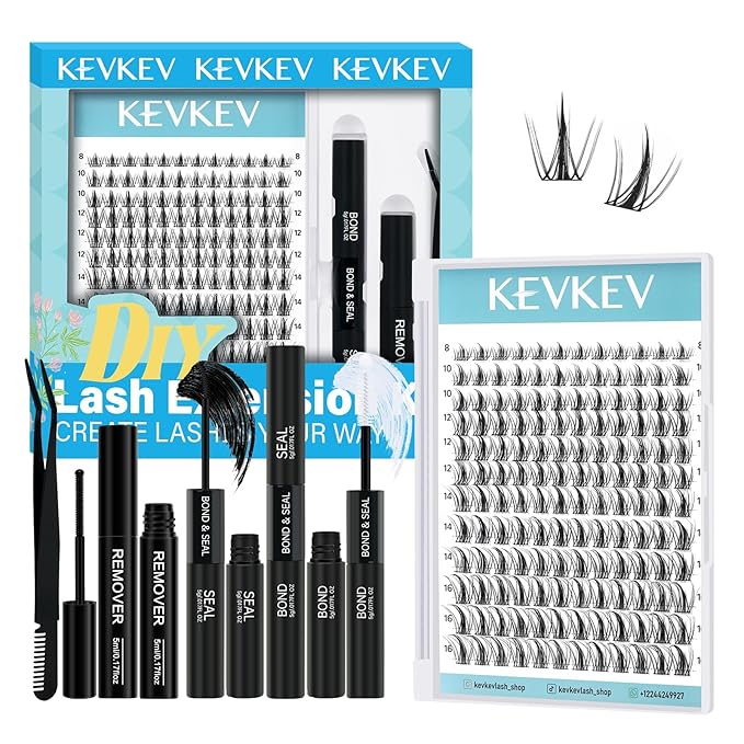 KevKev Lash Clusters Kit 144Pcs Ultra Soft Eyelash Extension Kit with Lash Bond and Seal Lash Glue Lash Remover for Cluster Eyelash Extensions (Volcano, D-8-16mix)