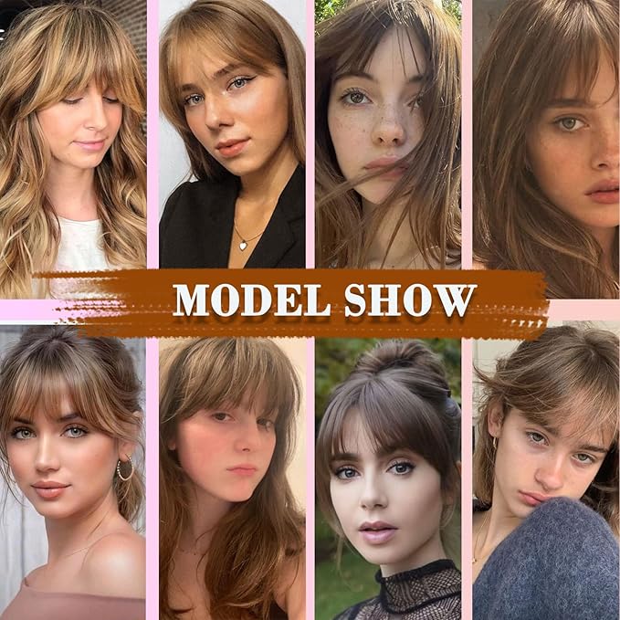 Clip on Wispy Bangs-Real Human Hair Clip in Bangs Hairpieces Ash Brown Fake Air Bangs Fringe with Temples Bangs Hair Clip Extensions