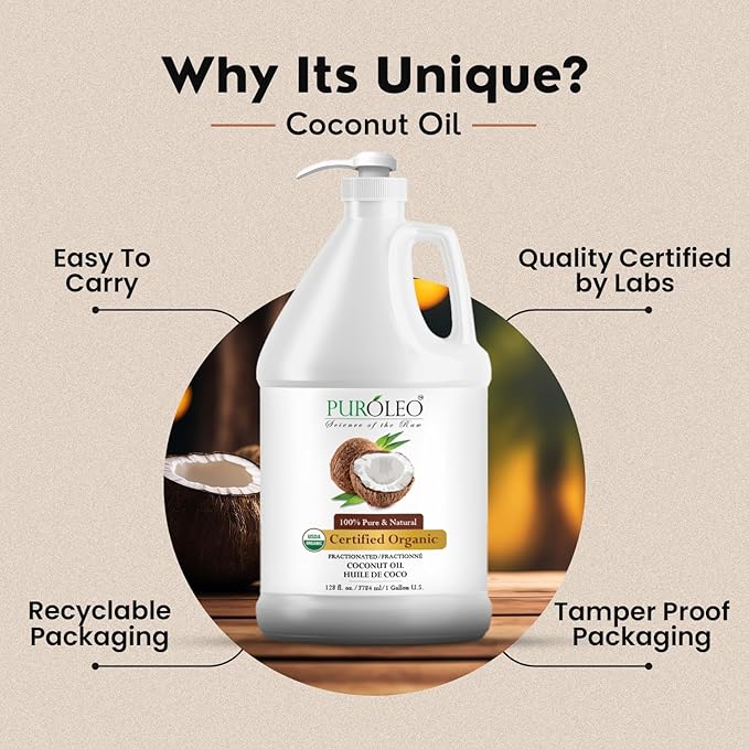PUROLEO Organic Certified USDA Fractionated Coconut Oil 128 Fl Oz/3785 ML (Packed in Canada) – 100% Natural & Odorless Moisturizer & Carrier Oil for Hair, Skin, Body, Massage, Makeup Removal