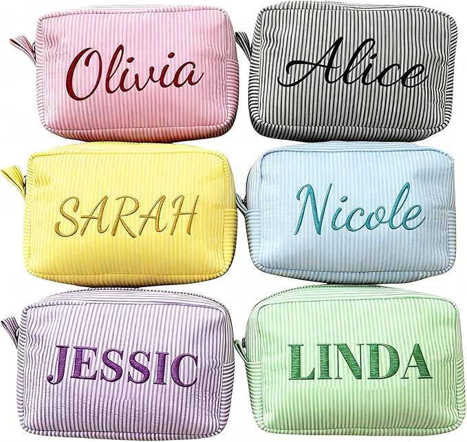 SYSTUTY Personalized Makeup Bag with Embroidered Name,Custom Travel Toiletry Stripe Cosmetic Bag, Wedding Gift for Bridesmaid/Women/Girl