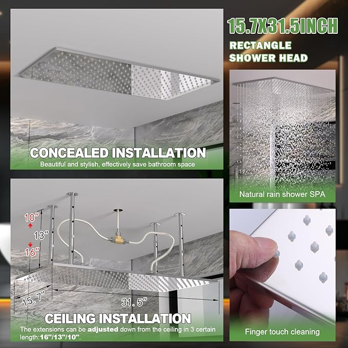 HOMEDEC 15.7x31.5" Rainfall Shower Head System, with 6 Body Jets with Handheld and Dual Side 6" Wall Mount Head, Chrome