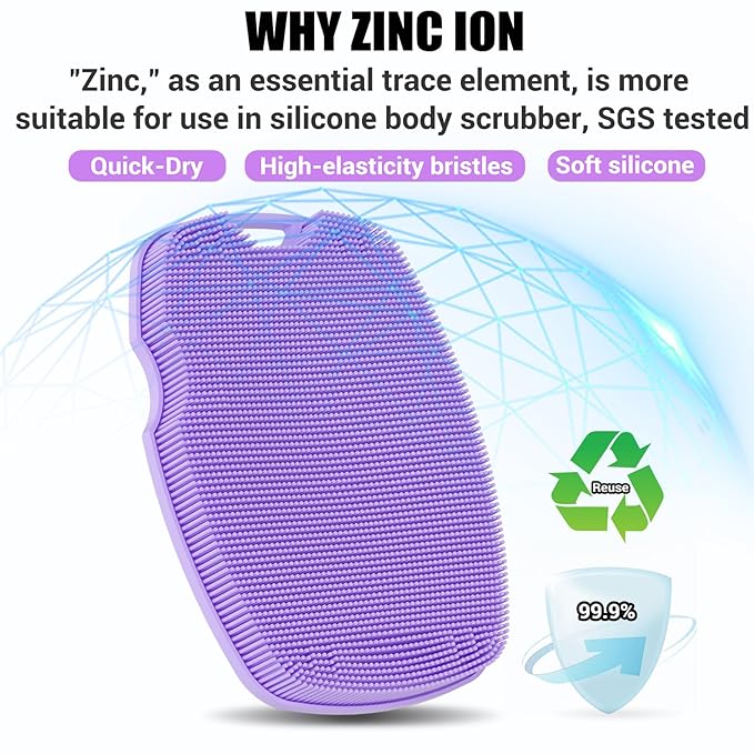 Silicone Body Scrubber - Anti Zinc Infused-Highly Elastic Bristles Exfoliating Body Scrubber for Shower Body,Cellulite Reduction,Blood Circulation - Purple