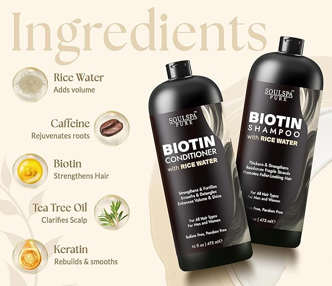 Biotin Shampoo and Conditioner Set with Rice Water & Rice Protein | Sulfate Free Hair Growth & Thickening Set for Thinning Hair for Men & Women 16 floz each - SOULSPA PURE