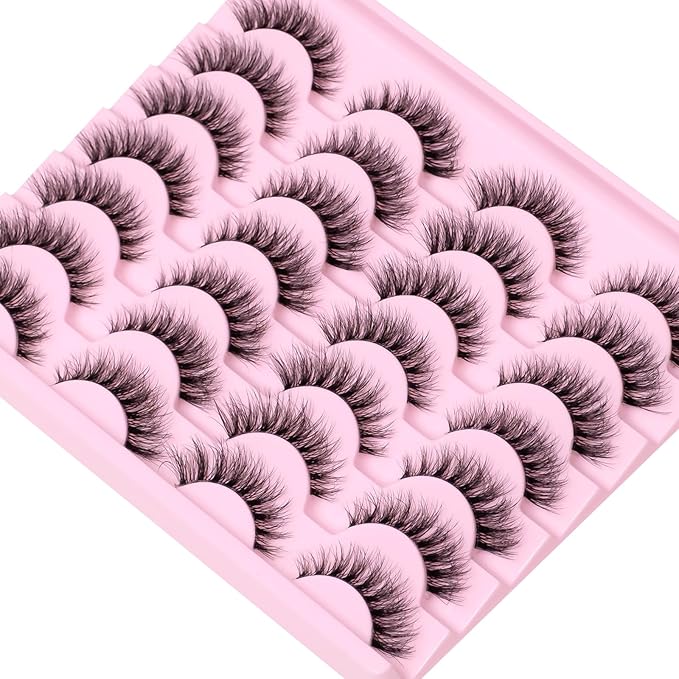 Short Wispy False Eyelashes 14 Pairs, Clear Band Natural Look Fluffy Cat Eye Lashes, Faux Mink & Easy to Apply for Beginners, Daily Makeup & Professional MUA