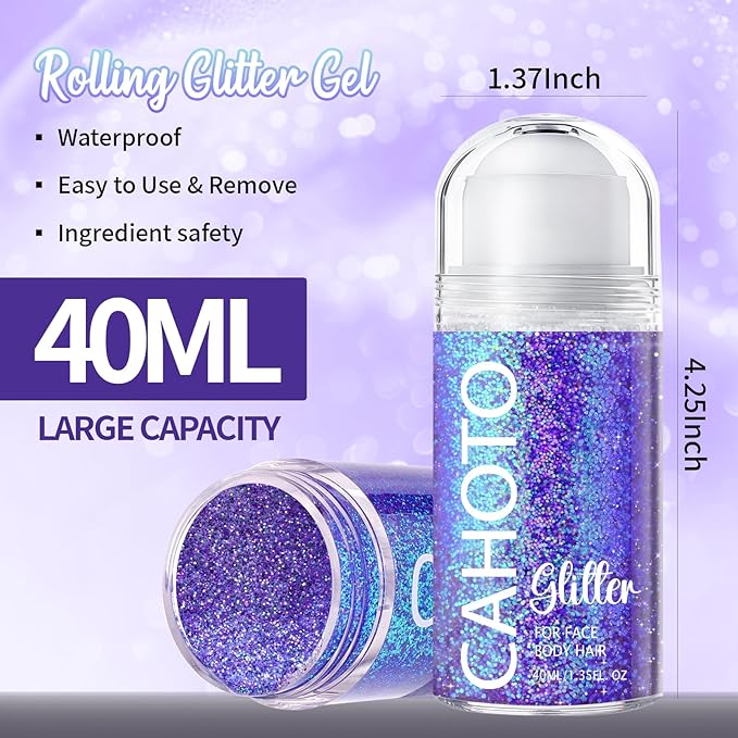 Purple Rolling Glitter for Face Body & Hair, Sparkling Holographic Chunky Shimmer, Roll-on Sequins for Singer Concert Rave Festival Halloween Party Mardi Gras Carnival, 1.35fl.oz