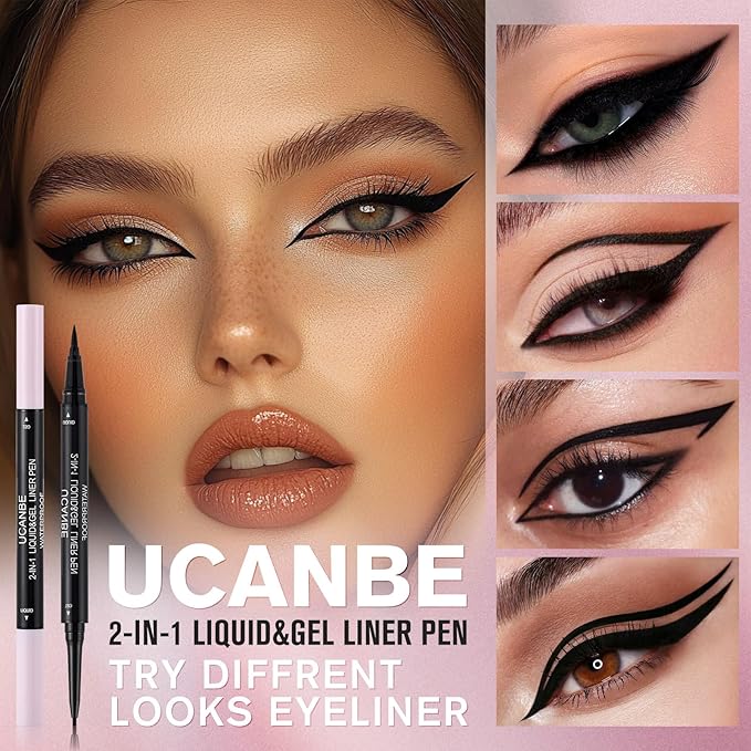 UCANBE Black Eyeliner Pencil, Dual Ended Liquid Eye liner + Gel Eyeliner 2 in 1, Highly Pigmented & Quick Drying, Waterproof & Long Lasting Ultra-fine Tip Eye Makeup Pen