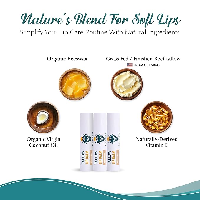 Tallowbourn Moisturizing Tallow Lip Balm – Grass-Fed Beef Tallow with Organic Coconut Oil, Beeswax, and Vitamin E – Unscented Lip Balm Set – Travel Essential - 3-Pack