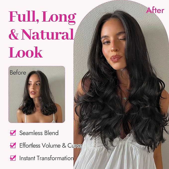 KooKaStyle Clip In Hair Extensions, Natural Long Layered Soft Invisible Synthetic Curly Wavy Hairpieces for Women, 4 pcs (20 Inch, Natural Black)