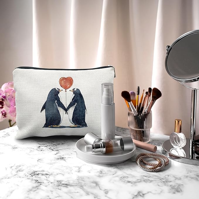 Nogrit penguin lover gifts Penguin Makeup Cosmetic Bag,Romantic Penguin Couple In Love Makeup Travel Toiletry Bag,Anniversary Valentine's Day penguin Gifts for women