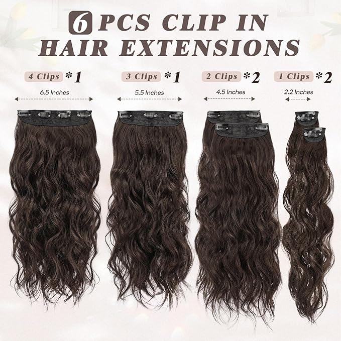 BARSDAR Beach Wavy Dark Brown Clip in Hair Extensions – 6 PCS Dark Brown Wavy Clip in Hair Extensions for Women - Thick Soft Synthetic Full Head Long Voluminous Easy Wear Hairpieces Daily Party