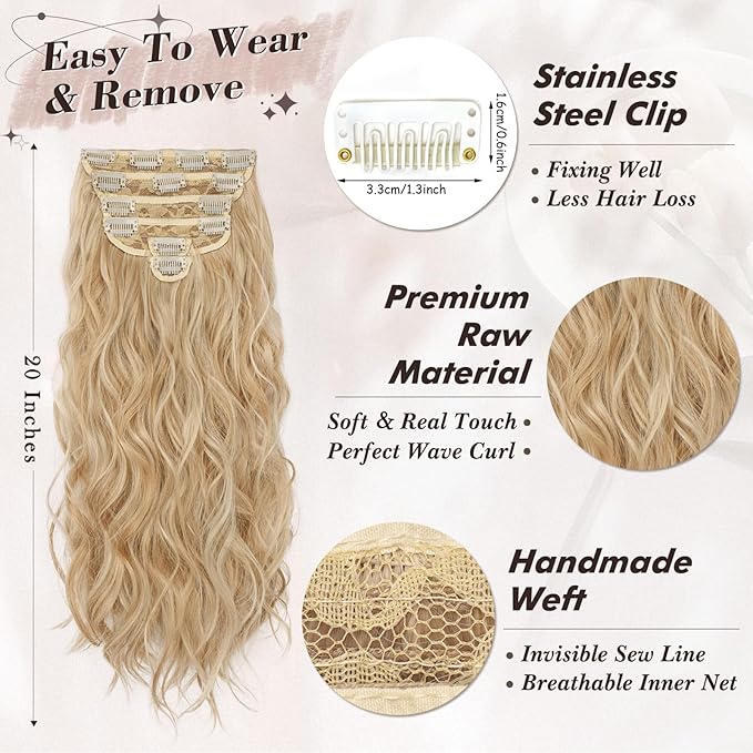 BARSDAR Honey Blonde Clip in Hair Extensions - 20 Inch 6PCs Full Head Beach Wavy Clip in Hair Extensions for Women - Voluminous Thick Soft Synthetic Hairpieces Daily Party Halloween- Honey Blonde Mix