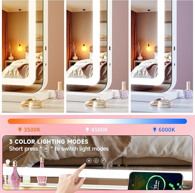 Vanity Mirror with Lights, 32" x 22" LED Makeup Mirror with 10X Magnification, Dimmable 3 Modes, Memory Function, Smart Touch, USB Charging Port, Lighted Makeup Mirror Round White