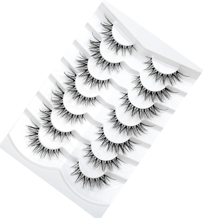 Pooplunch False Eyelashes Cat-Eye Look Wispy Lashes Fairy Fluttery Volume Natural 8D Crossed Fake Eyelashes Faux Mink Lashes Strips 7 Pairs