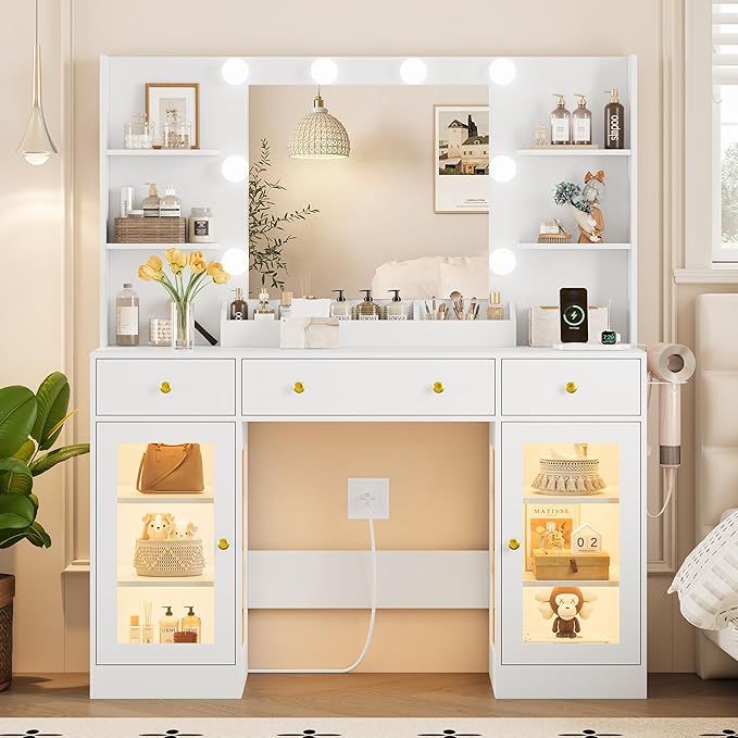 Vanity Desk With Mirror and Lights, Makeup Vanity Set with 3 Storage Drawers & Adjustable Shelves, Dressing Table with RGB Cabinets & Charging Station, 3 Lighting Modes for Women Kids Bedroom, White