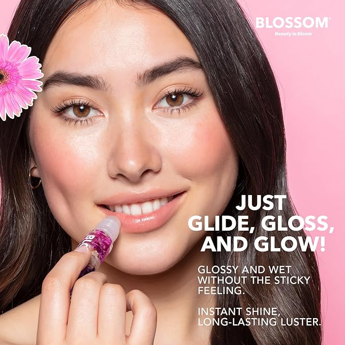 Blossom Roll on Lip Gloss, Scented Clear High Shine Moisturizing Lip Oil, Non Sticky, Infused with Real Flowers, Made in USA, 0.2oz, Strawberry/Banana