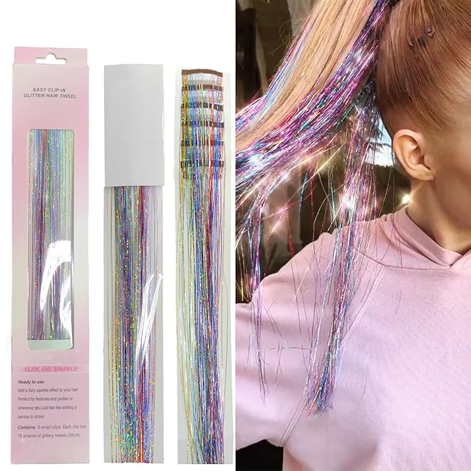 47" Holographic Hair Tinsel Shining Gold Professional Sparkle Heat-Resistant Silk Extensions, Hair Accessories for Girls, Party Hair, Gifts for Girls (6PCs Clip in Hair Tinsel Kit, Shining Galaxy)