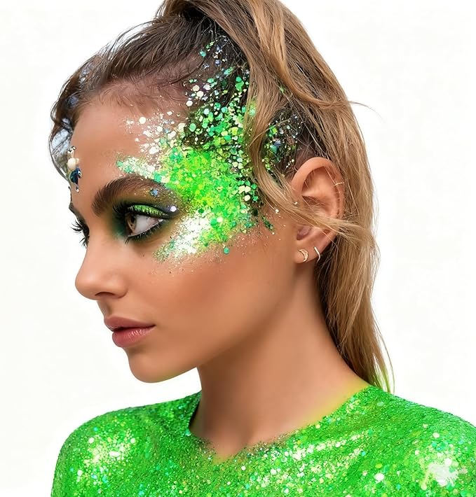Go Ho Light Green Face Body Glitter,Sparkly Face Glitter Makeup,Light Green Face Paint Holographic Chunky Sequins Glitters for Eye Lip Hair, St Patricks Day Accessories